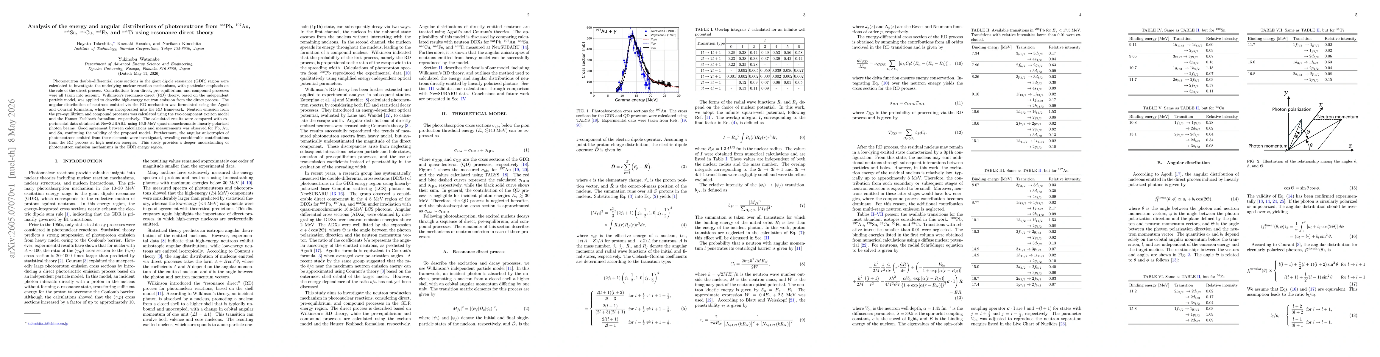Thumbnail for Analysis of the energy and angular distributions of photoneutrons from natPb, 197Au, natSn, natCu, natFe, and natTi using resonance direct theory