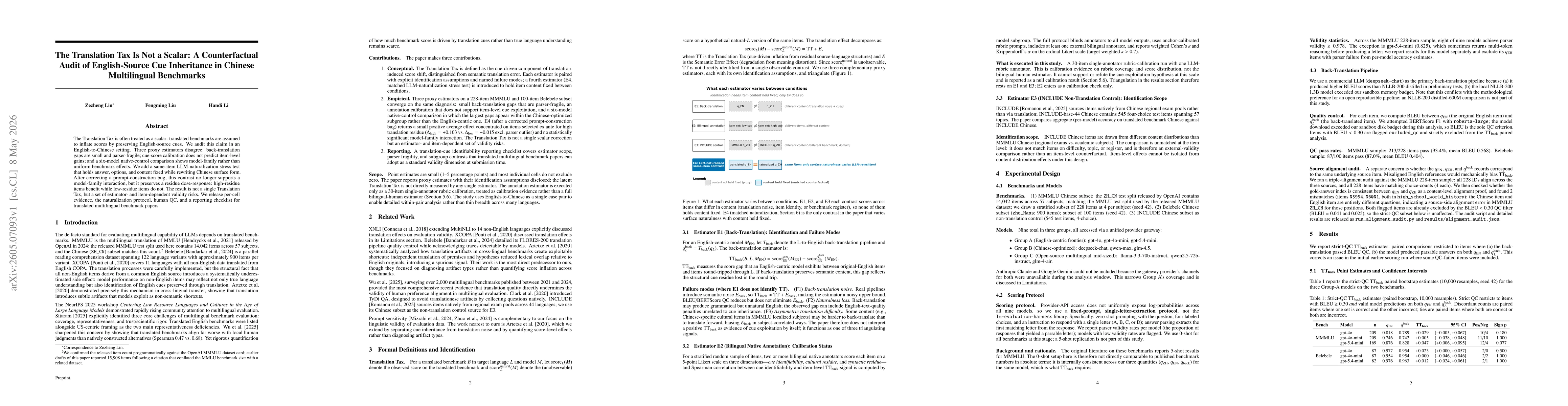 Thumbnail for The Translation Tax Is Not a Scalar: A Counterfactual Audit of English-Source Cue Inheritance in Chinese Multilingual Benchmarks
