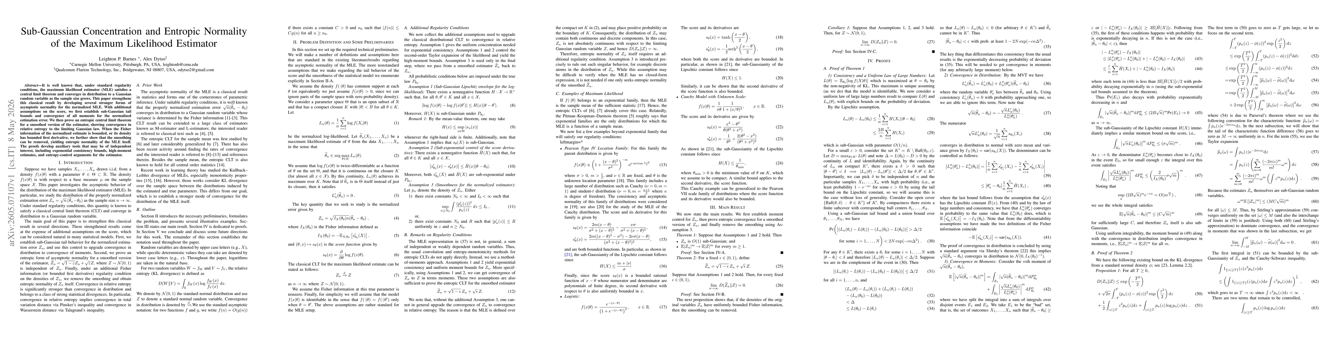 Thumbnail for Sub-Gaussian Concentration and Entropic Normality of the Maximum Likelihood Estimator