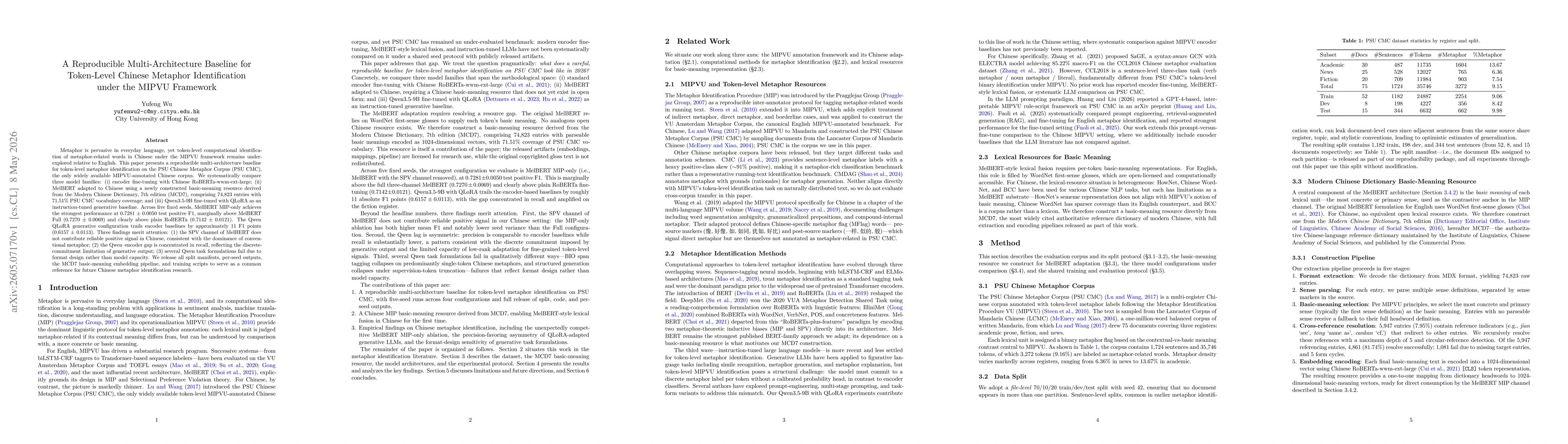 Thumbnail for A Reproducible Multi-Architecture Baseline for Token-Level Chinese Metaphor Identification under the MIPVU Framework
