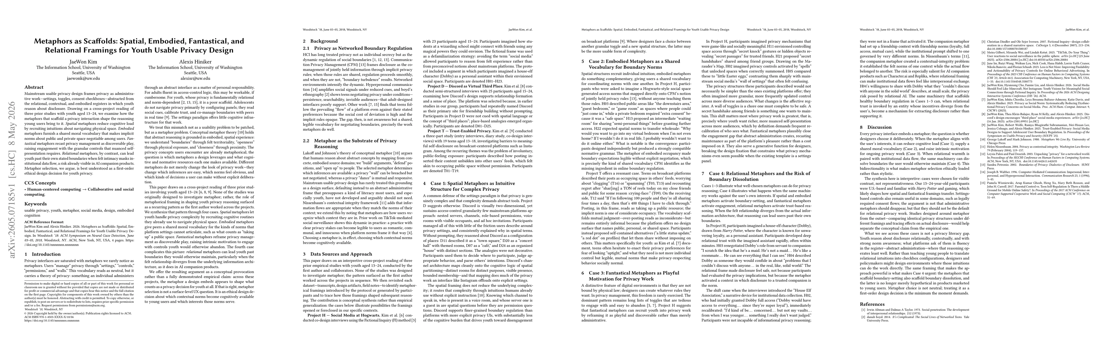 Thumbnail for Metaphors as Scaffolds: Spatial, Embodied, Fantastical, and Relational Framings for Youth Usable Privacy Design