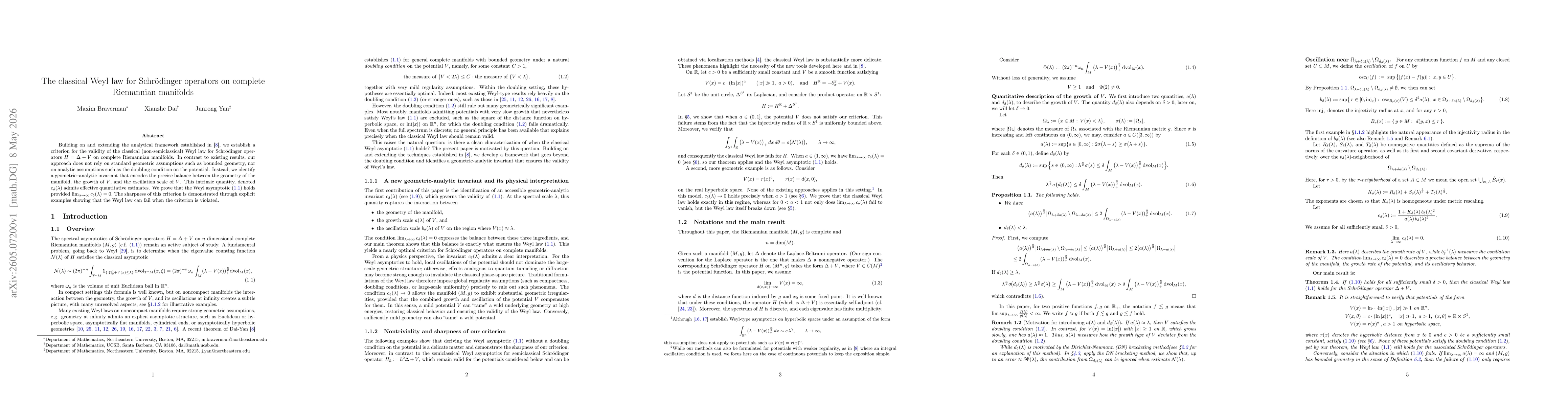 Thumbnail for The classical Weyl law for Schrödinger operators on complete Riemannian manifolds