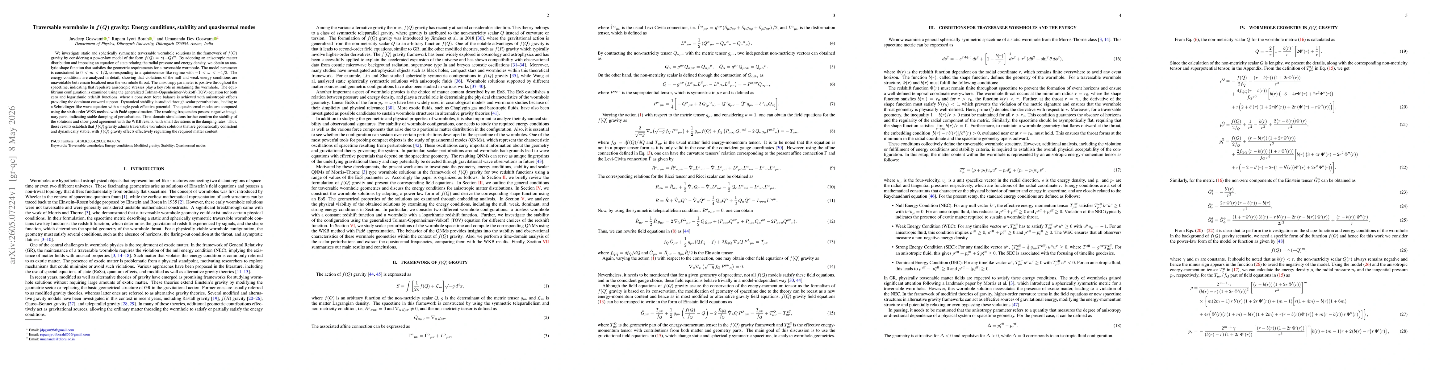 Thumbnail for Traversable wormholes in $\boldsymbol{f(Q)}$ gravity: Energy conditions, stability and quasinormal modes