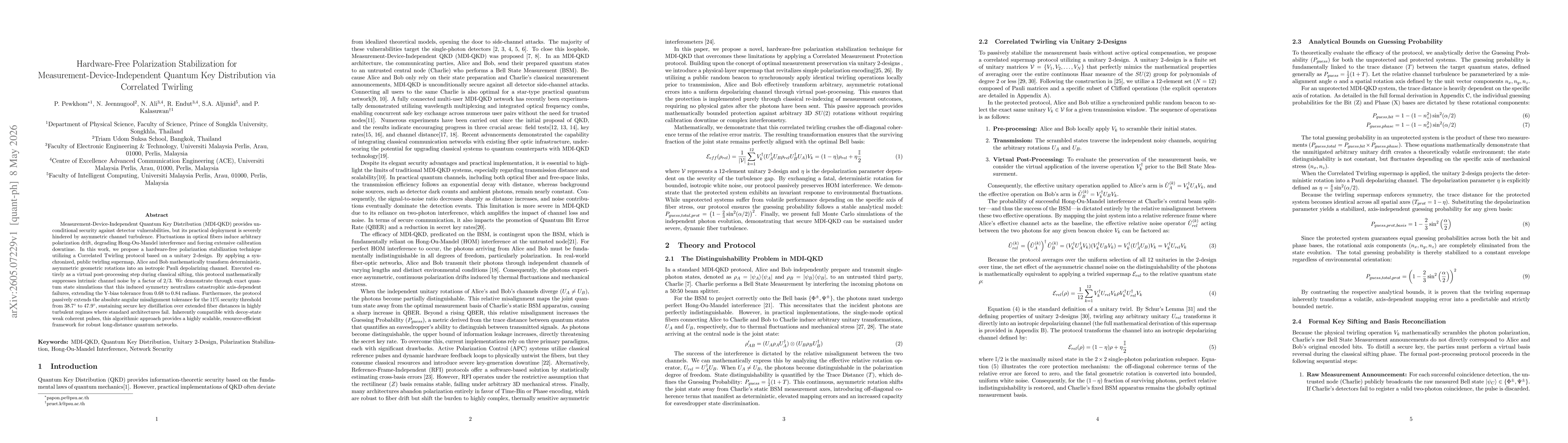 Thumbnail for Hardware-Free Polarization Stabilization for Measurement-Device-Independent Quantum Key Distribution via Correlated Twirling