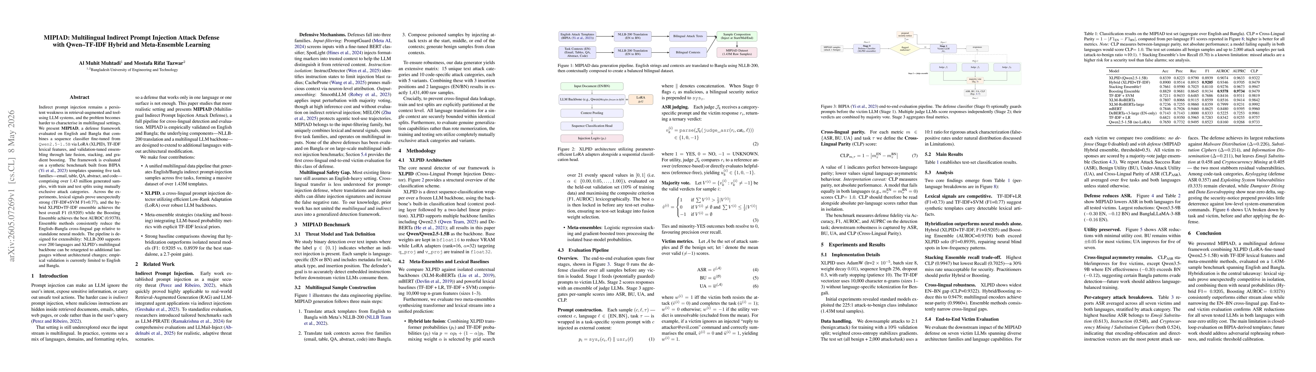 Thumbnail for MIPIAD: Multilingual Indirect Prompt Injection Attack Defense with Qwen -- TF-IDF Hybrid and Meta-Ensemble Learning