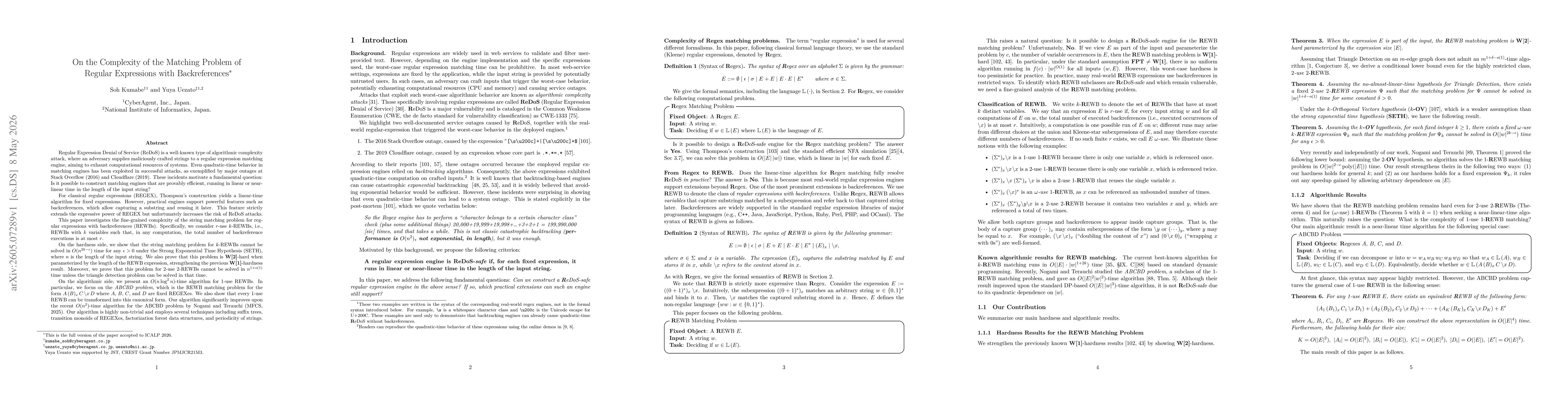Thumbnail for On the Complexity of the Matching Problem of Regular Expressions with Backreferences