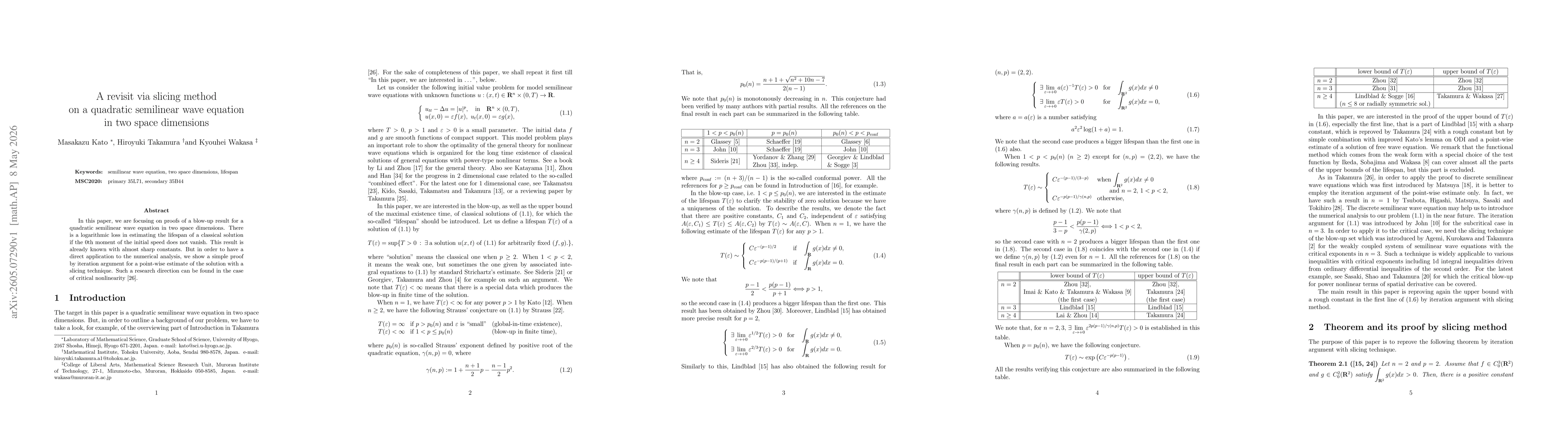 Thumbnail for A revisit via slicing method on a quadratic semilinear wave equation in two space dimensions