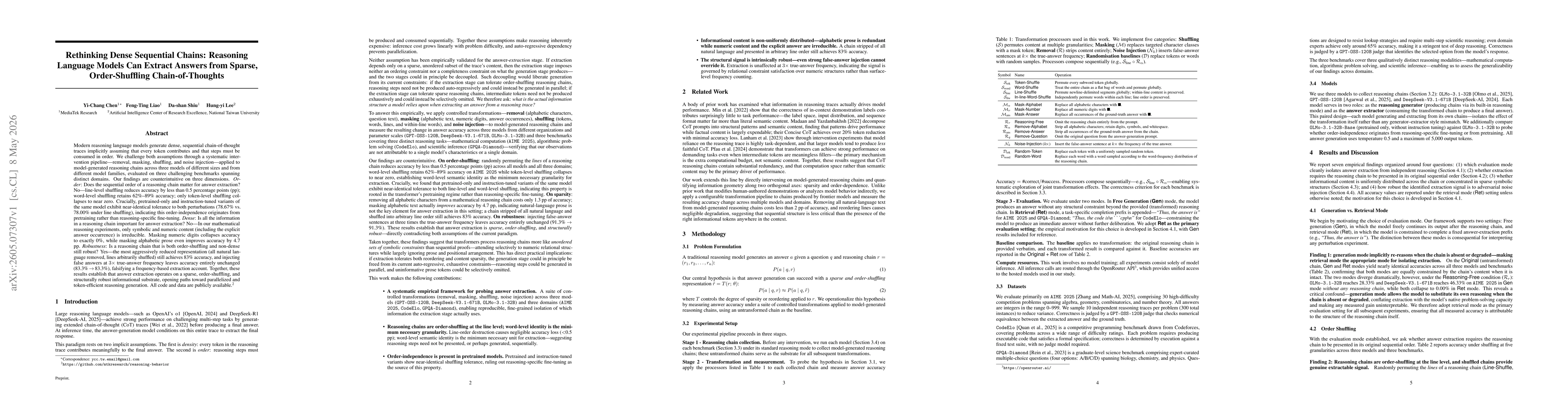 Thumbnail for Rethinking Dense Sequential Chains: Reasoning Language Models Can Extract Answers from Sparse, Order-Shuffling Chain-of-Thoughts