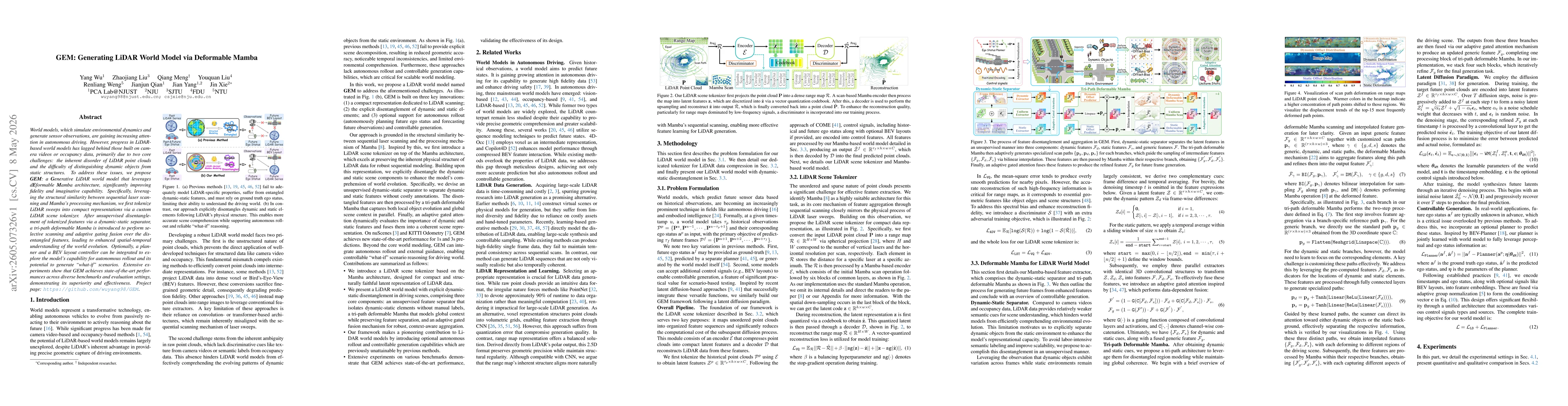 Thumbnail for GEM: Generating LiDAR World Model via Deformable Mamba