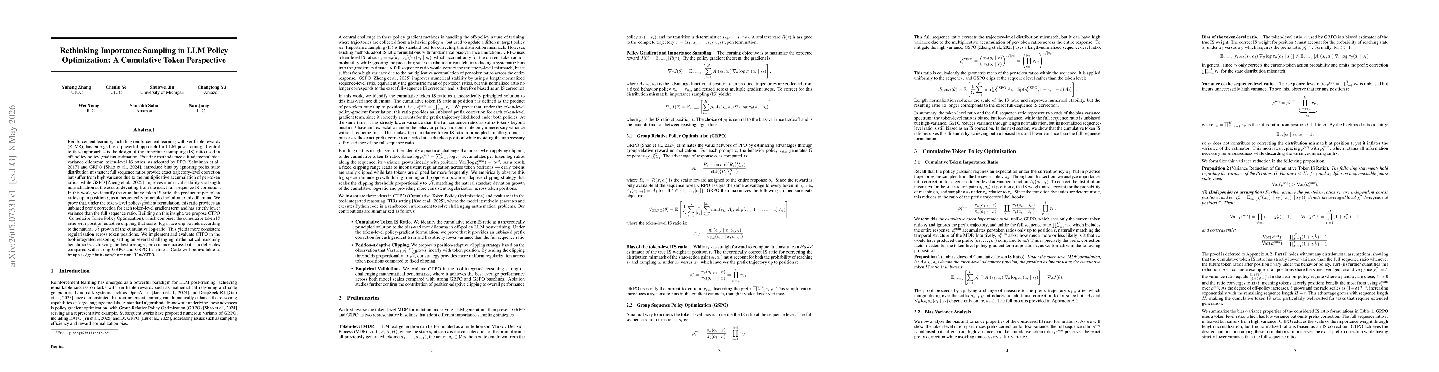 Thumbnail for Rethinking Importance Sampling in LLM Policy Optimization: A Cumulative Token Perspective