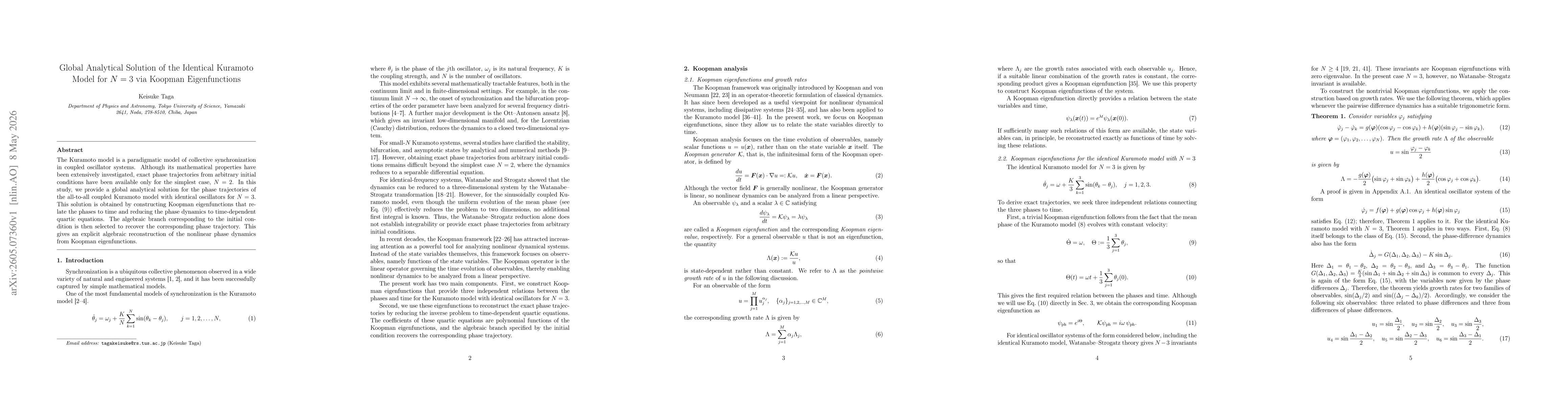 Thumbnail for Global Analytical Solution of the Identical Kuramoto Model for N=3 via Koopman Eigenfunctions
