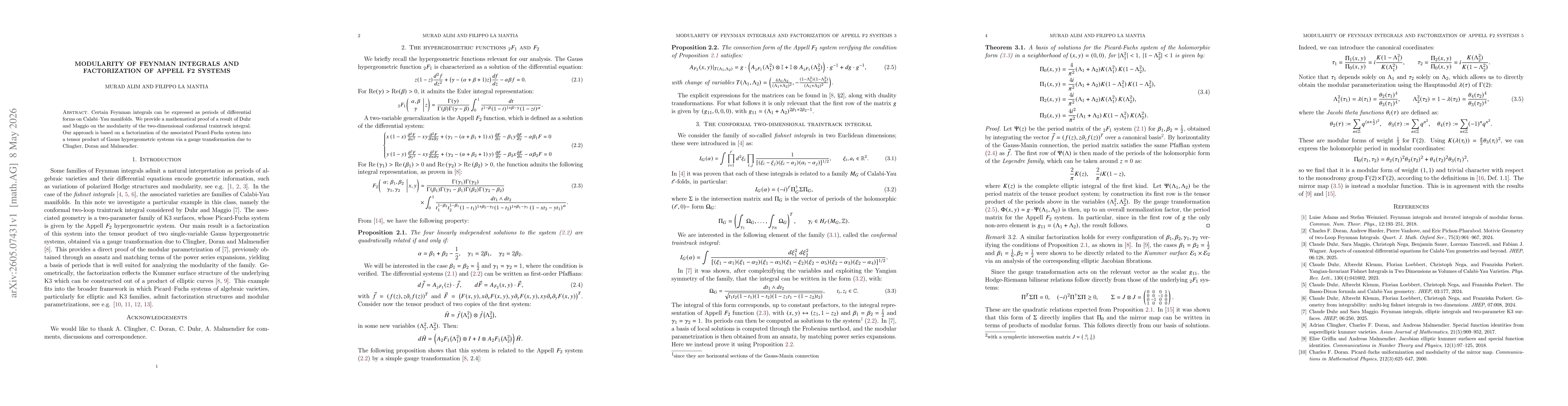 Thumbnail for Modularity of Feynman Integrals and Factorization of Appell F2 Systems