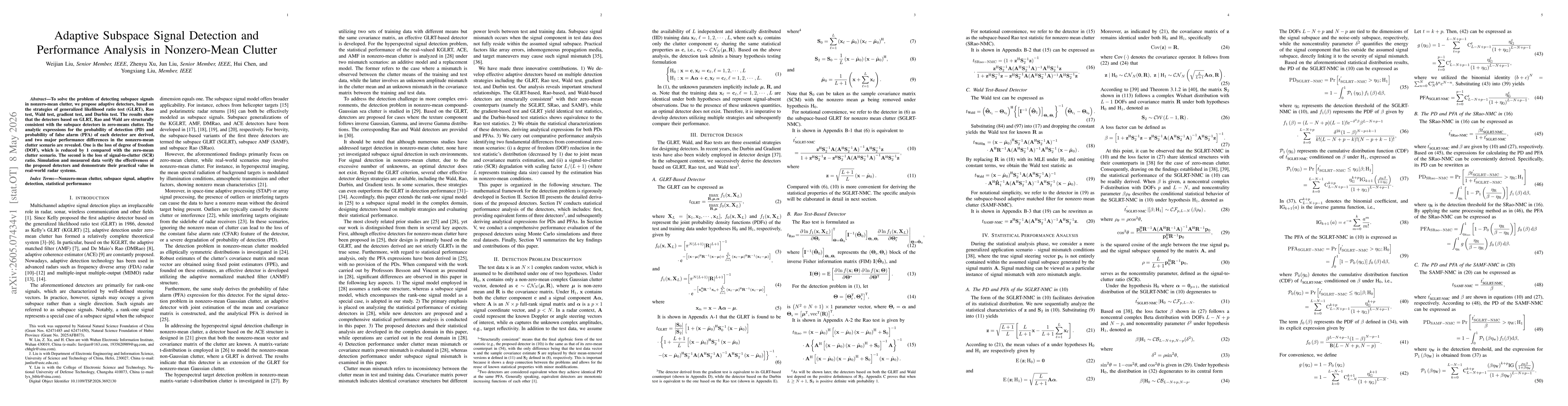 Thumbnail for Adaptive Subspace Signal Detection and Performance Analysis in Nonzero-Mean Clutter
