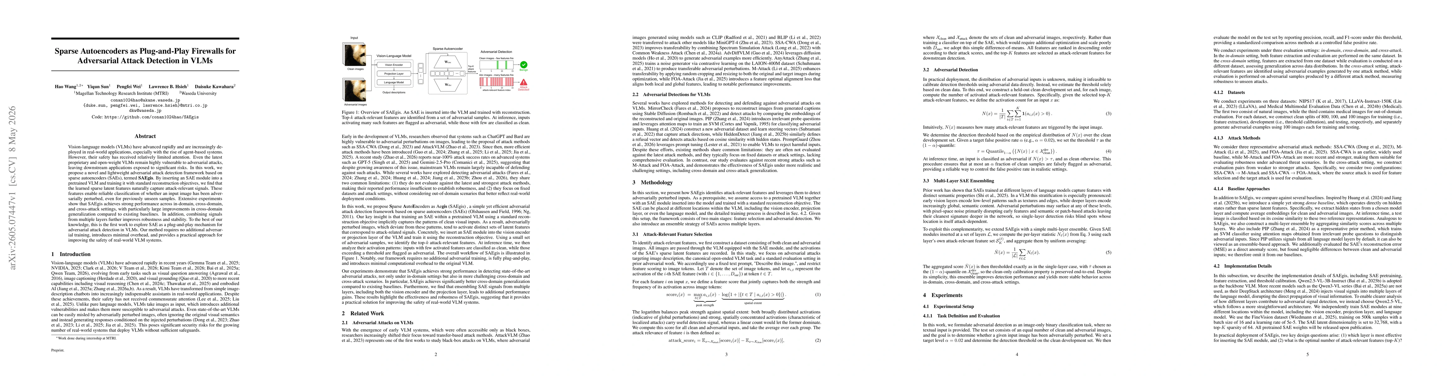 Thumbnail for Sparse Autoencoders as Plug-and-Play Firewalls for Adversarial Attack Detection in VLMs