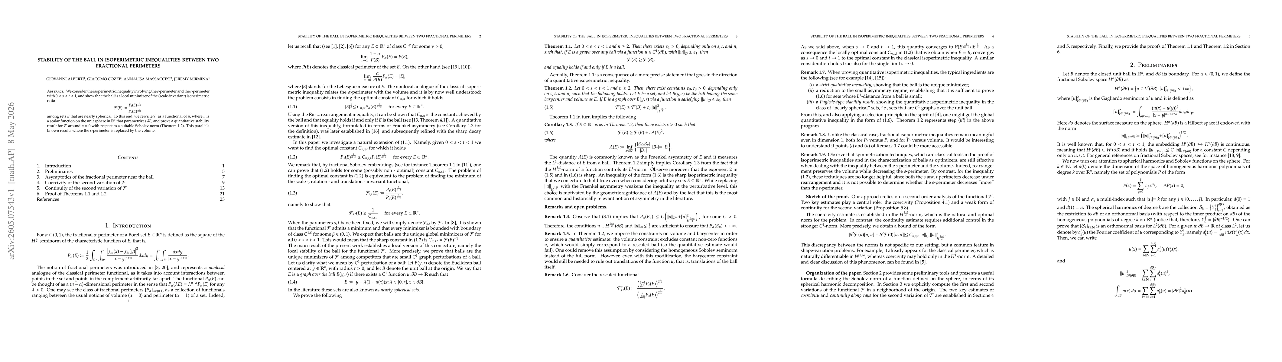 Thumbnail for Stability of the ball in isoperimetric inequalities between two fractional perimeters