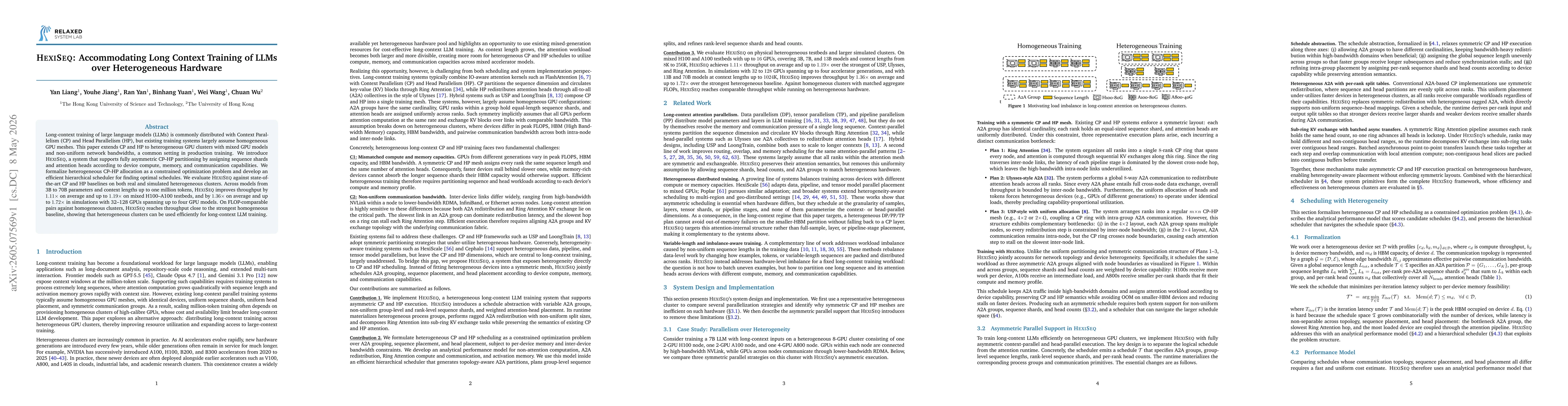 Thumbnail for HexiSeq: Accommodating Long Context Training of LLMs over Heterogeneous Hardware
