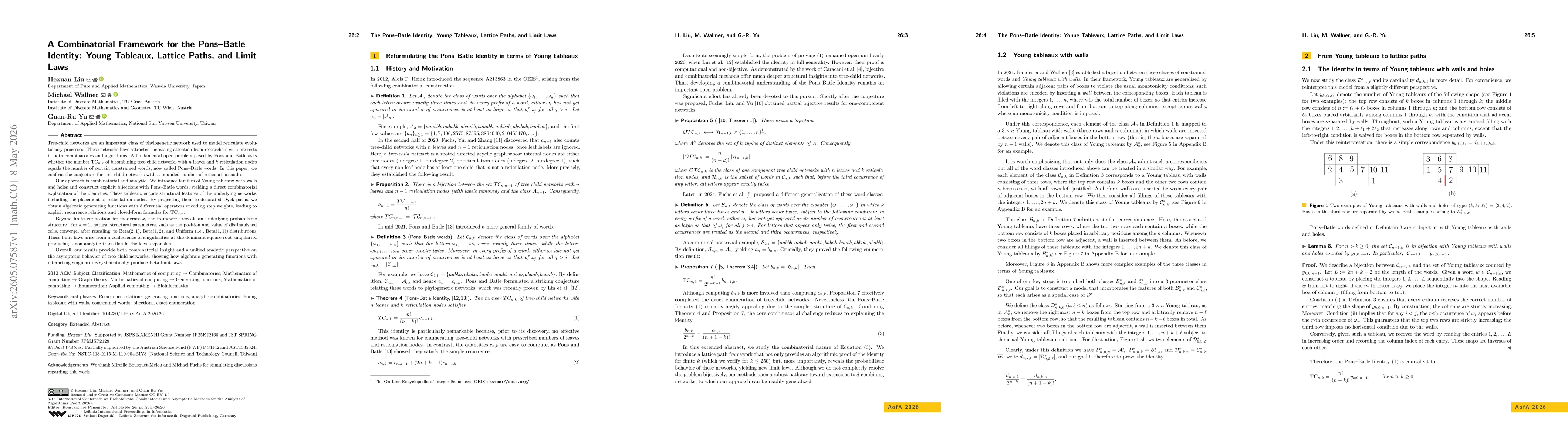 Thumbnail for A Combinatorial Framework for the Pons-Batle Identity: Young Tableaux, Lattice Paths, and Limit Laws