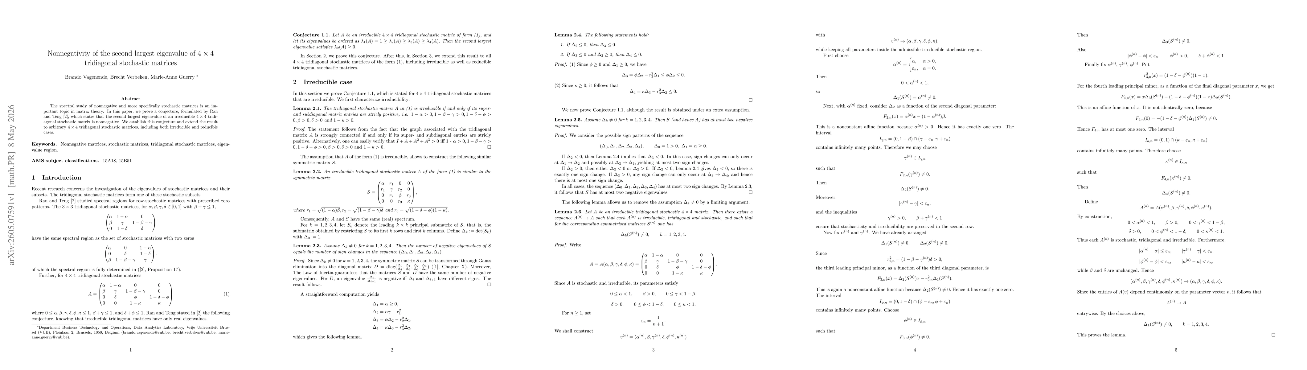 Thumbnail for Nonnegativity of the second largest eigenvalue of $4 \times 4$ tridiagonal stochastic matrices