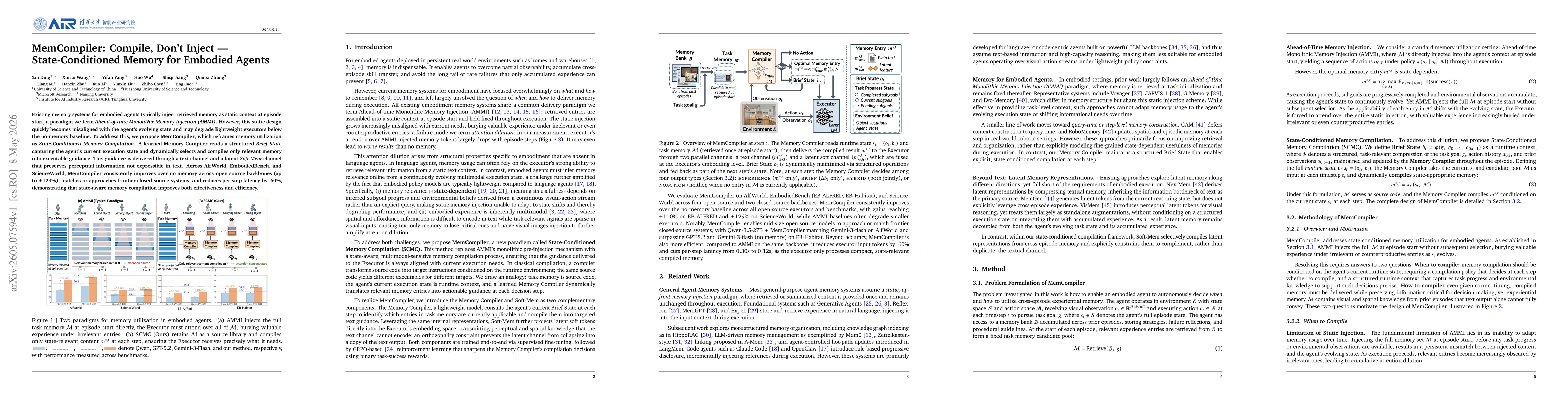 Thumbnail for MemCompiler: Compile, Don't Inject -- State-Conditioned Memory for Embodied Agents