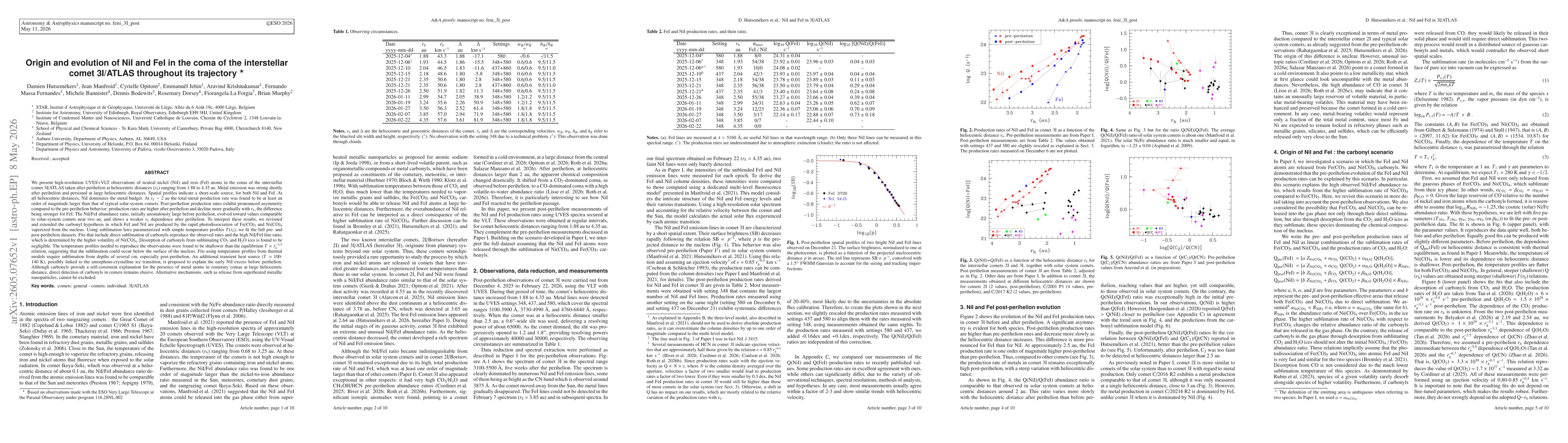 Thumbnail for Origin and evolution of NiI and FeI in the coma of the interstellar comet 3I/ATLAS throughout its trajectory
