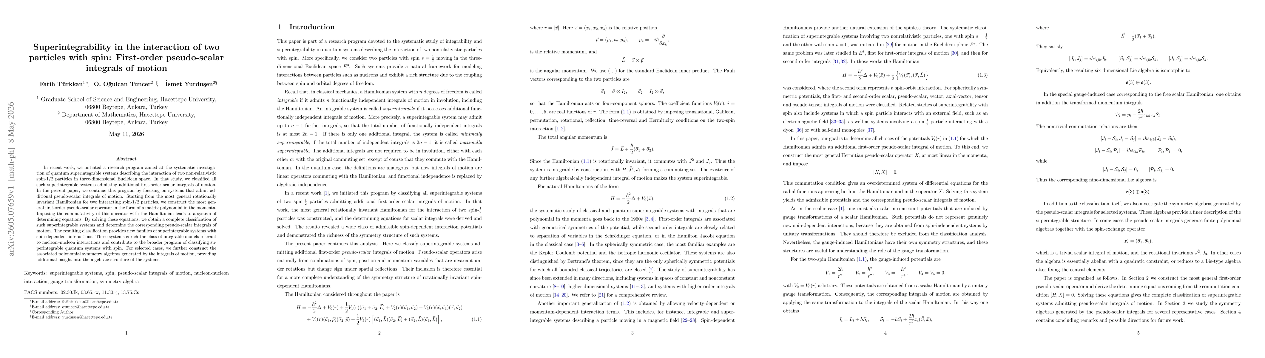 Thumbnail for Superintegrability in the interaction of two particles with spin: First-order pseudo-scalar integrals of motion