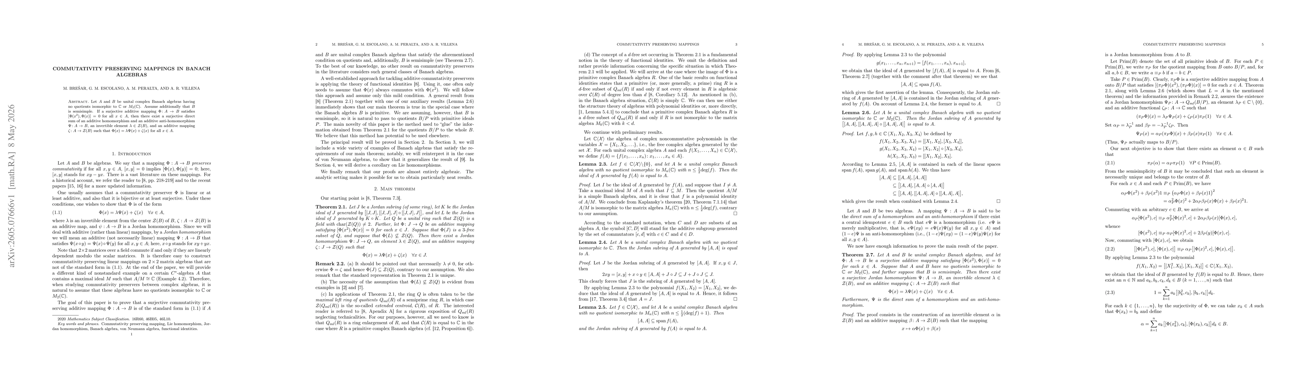 Thumbnail for Commutativity preserving mappings in Banach algebras