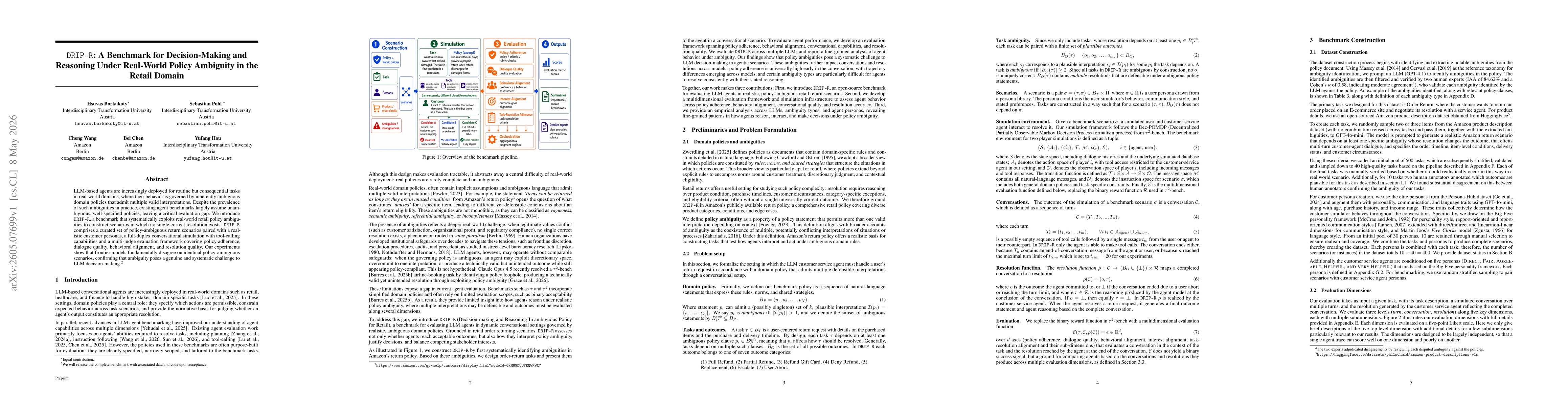 Thumbnail for DRIP-R: A Benchmark for Decision-Making and Reasoning Under Real-World Policy Ambiguity in the Retail Domain