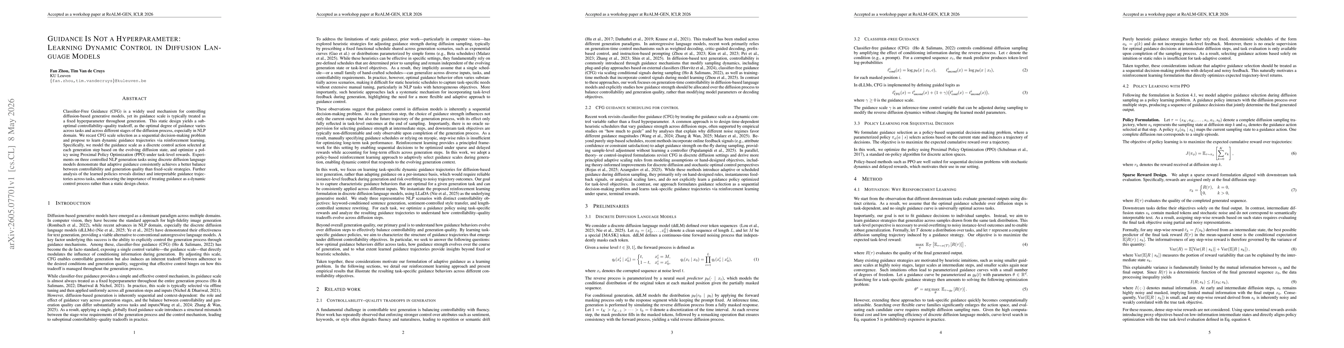 Thumbnail for Guidance Is Not a Hyperparameter: Learning Dynamic Control in Diffusion Language Models