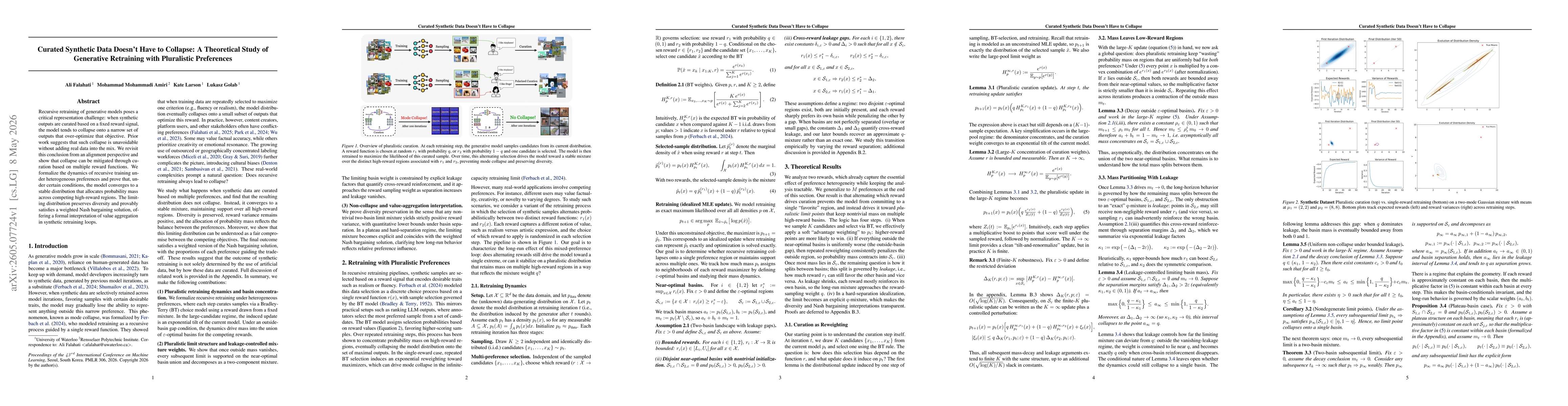 Thumbnail for Curated Synthetic Data Doesn't Have to Collapse: A Theoretical Study of Generative Retraining with Pluralistic Preferences