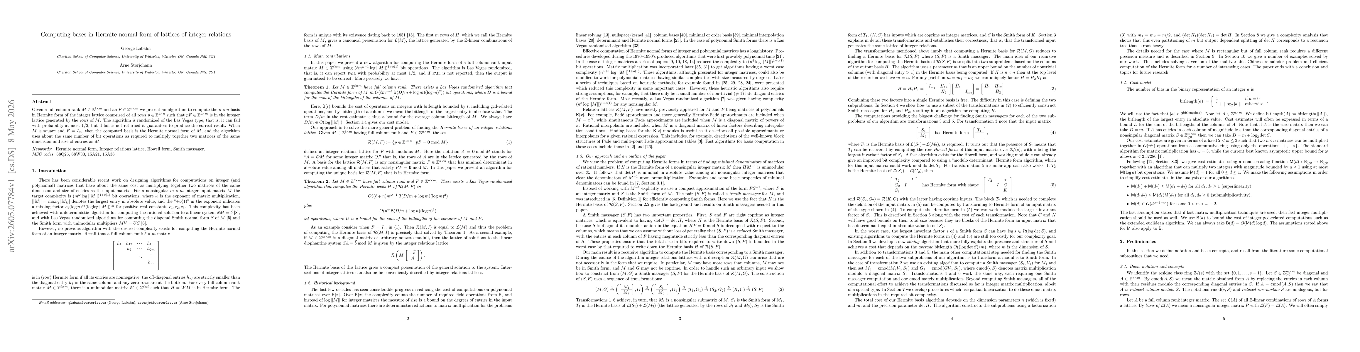 Thumbnail for Computing bases in Hermite normal form of lattices of integer relations