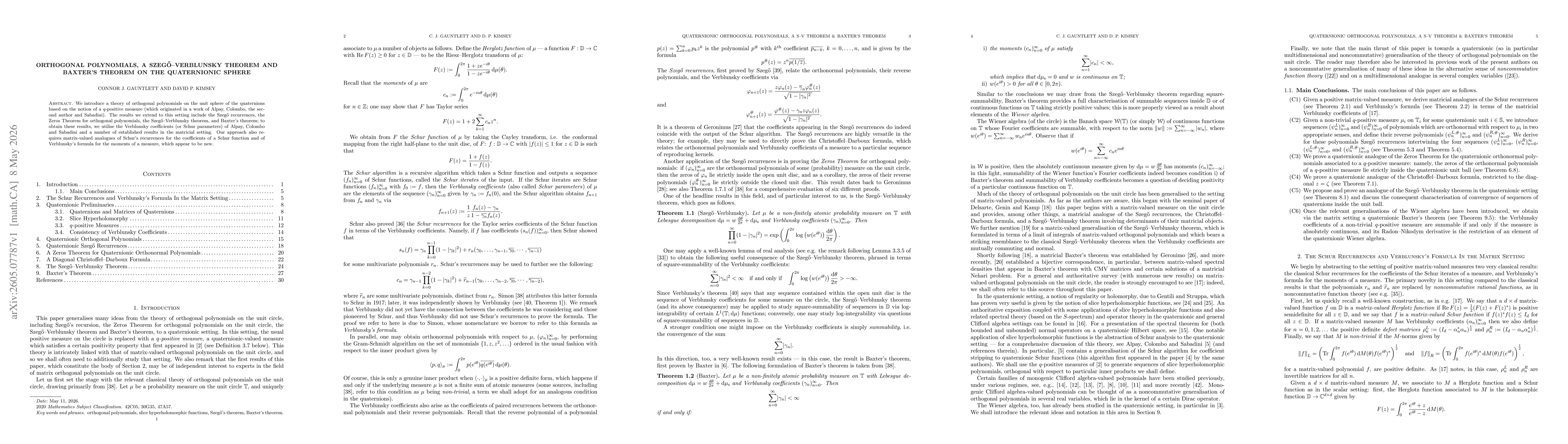 Thumbnail for Orthogonal Polynomials, a Szegő--Verblunsky Theorem and Baxter's Theorem on the Quaternionic Sphere