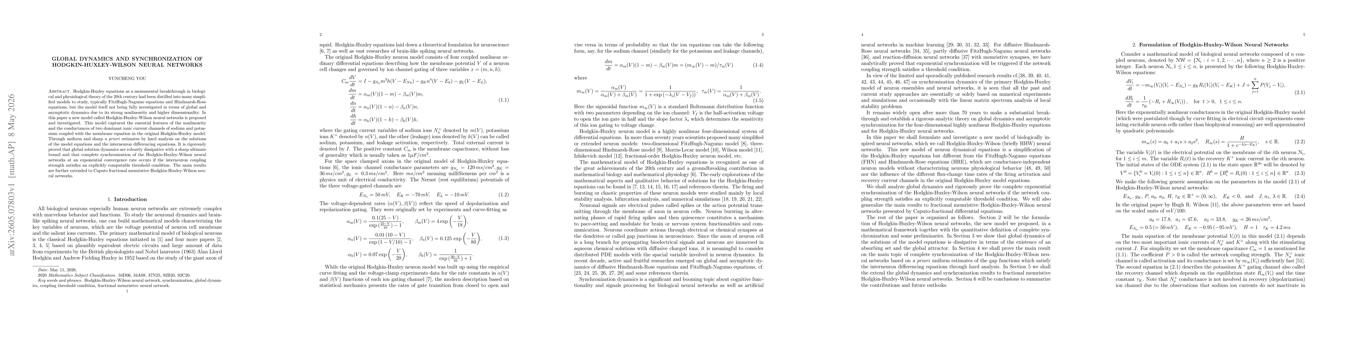 Thumbnail for Global Dynamics and Synchronization of Hodgkin-Huxley-Wilson Neural Networks