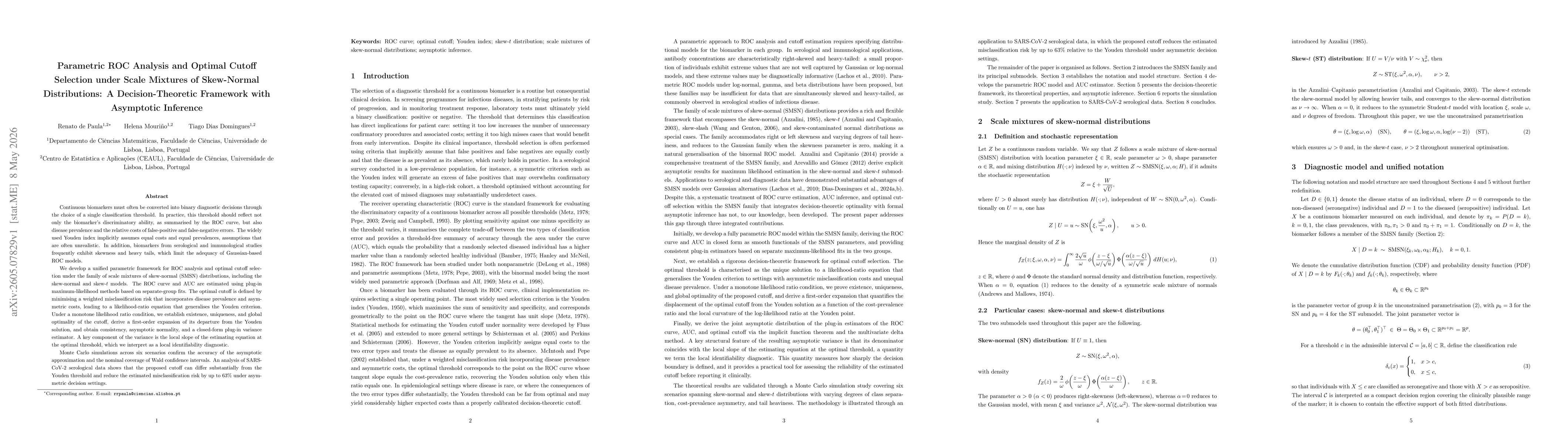 Thumbnail for Parametric ROC Analysis and Optimal Cutoff Selection under Scale Mixtures of Skew-Normal Distributions: A Decision-Theoretic Framework with Asymptotic Inference