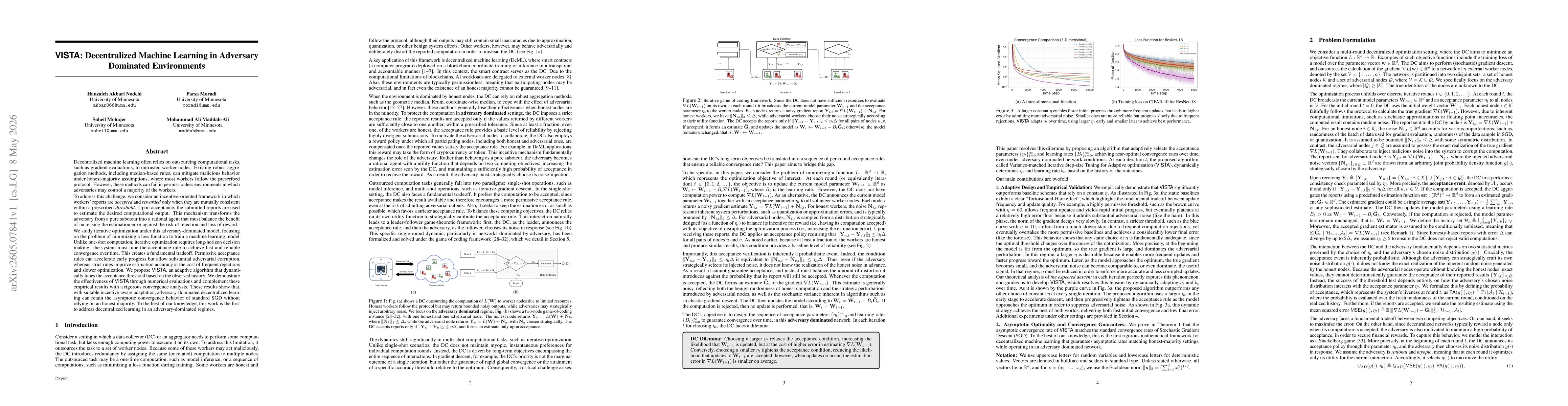 Thumbnail for \mathsf{VISTA}: Decentralized Machine Learning in Adversary Dominated Environments