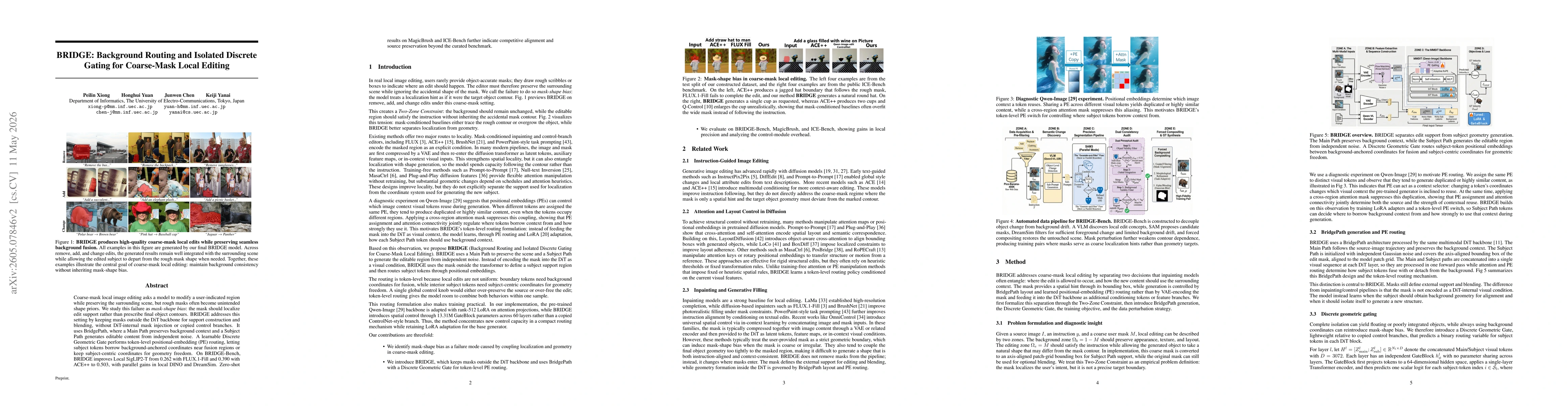 Thumbnail for BRIDGE: Background Routing and Isolated Discrete Gating for Coarse-Mask Local Editing