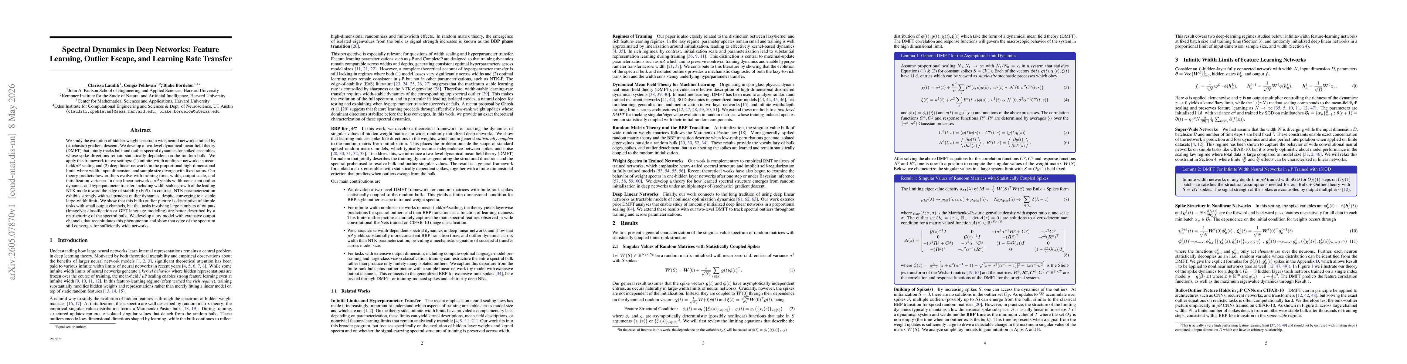 Thumbnail for Spectral Dynamics in Deep Networks: Feature Learning, Outlier Escape, and Learning Rate Transfer