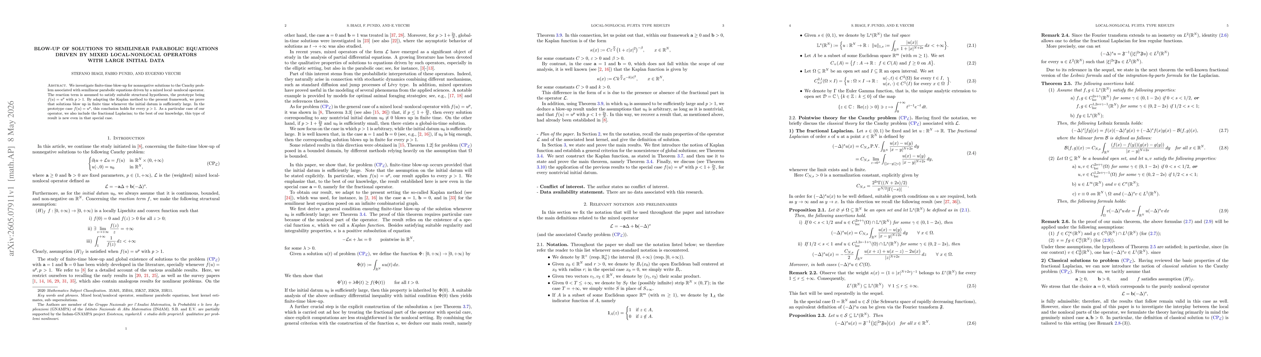Thumbnail for Blow-up of solutions to semilinear parabolic equations driven by mixed local-nonlocal operators with large initial data