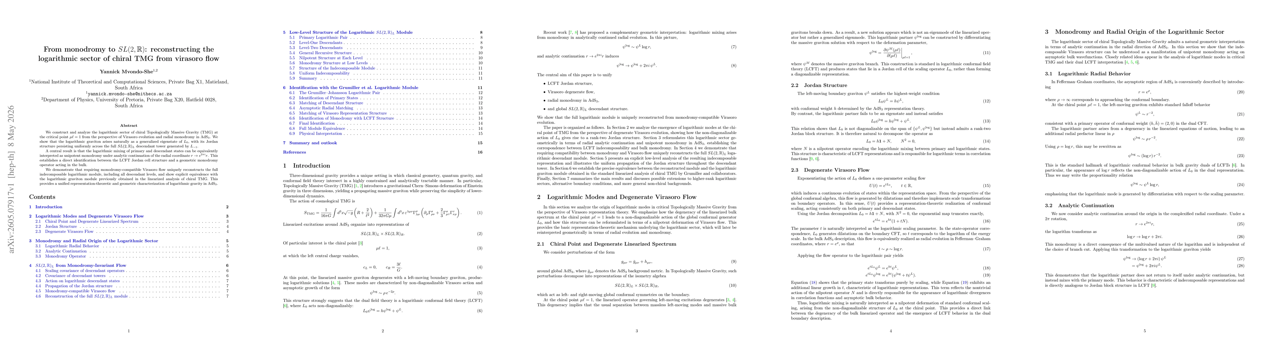 Thumbnail for From monodromy to $SL(2,\mathbb{R})$: reconstructing the logarithmic sector of chiral TMG from virasoro flow