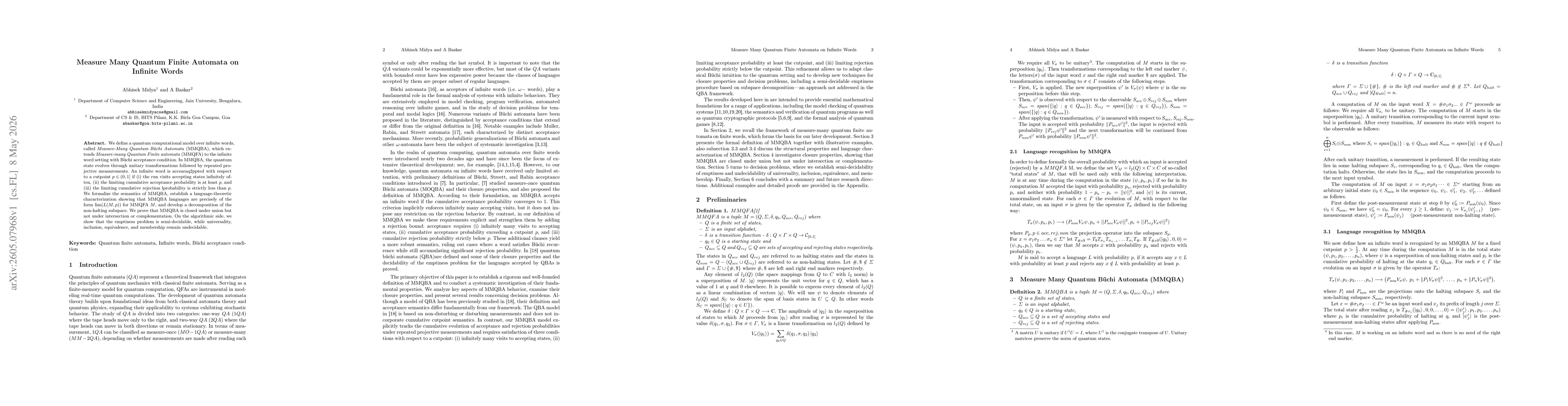 Thumbnail for Measure Many Quantum Finite Automata on Infinite Words