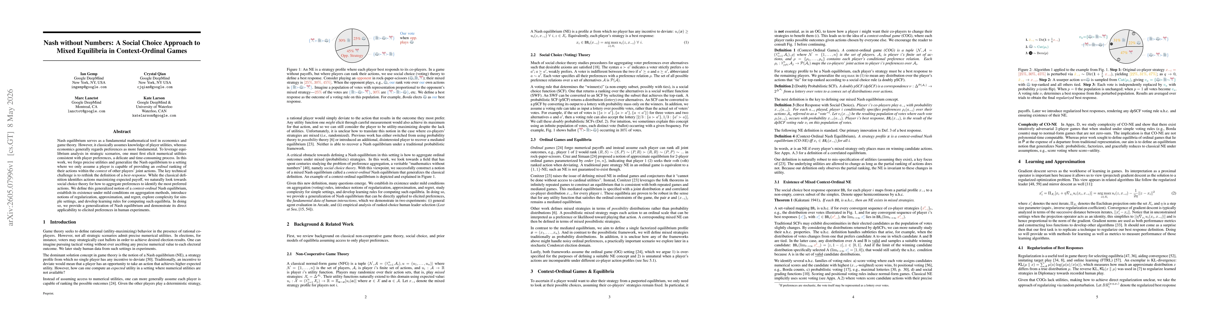 Thumbnail for Nash without Numbers: A Social Choice Approach to Mixed Equilibria in Context-Ordinal Games