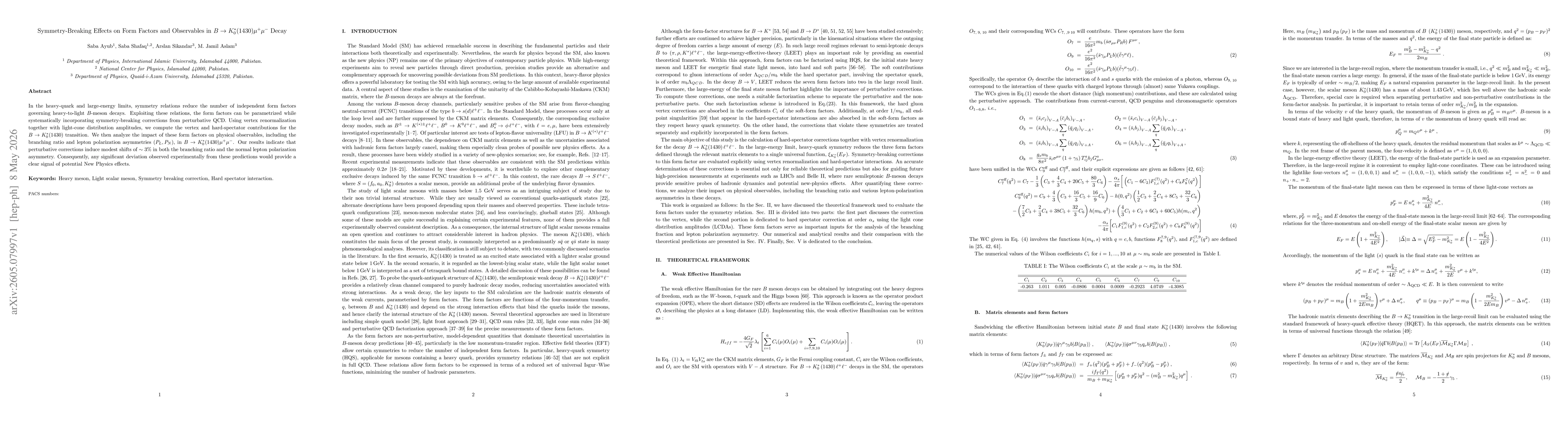 Thumbnail for Symmetry-Breaking Effects on Form Factors and Observables in $B \to K_0^*(1430)μ^+μ^-$ Decay