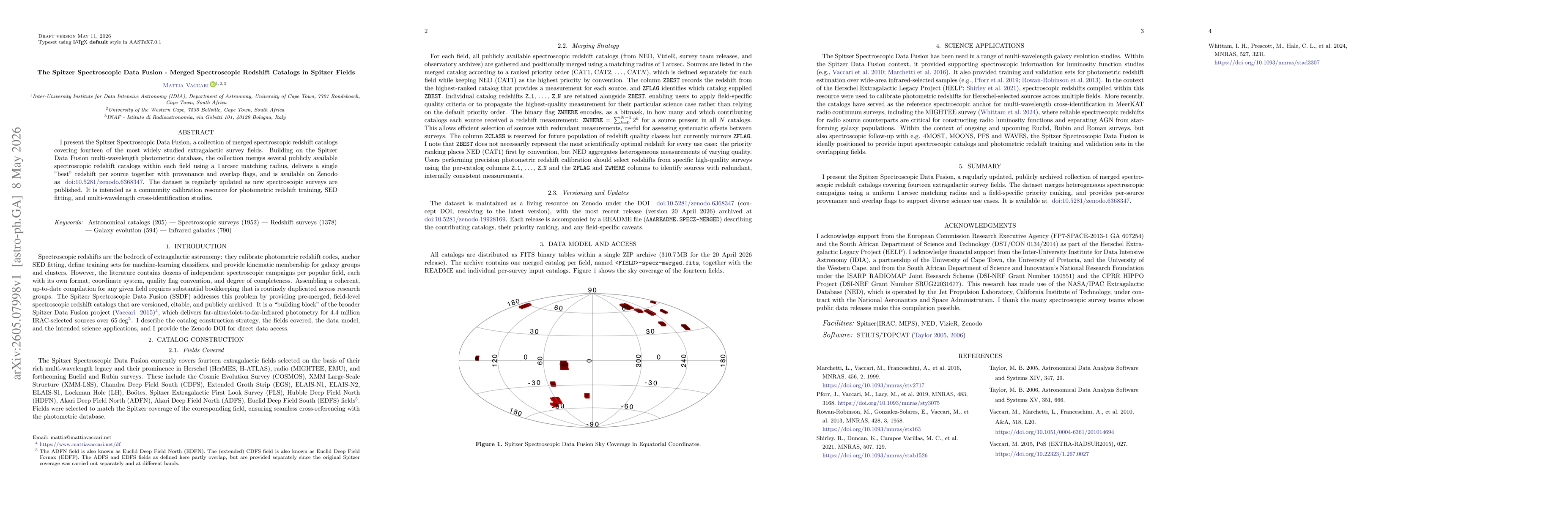 Thumbnail for The Spitzer Spectroscopic Data Fusion -- Merged Spectroscopic Redshift Catalogs in Spitzer Fields