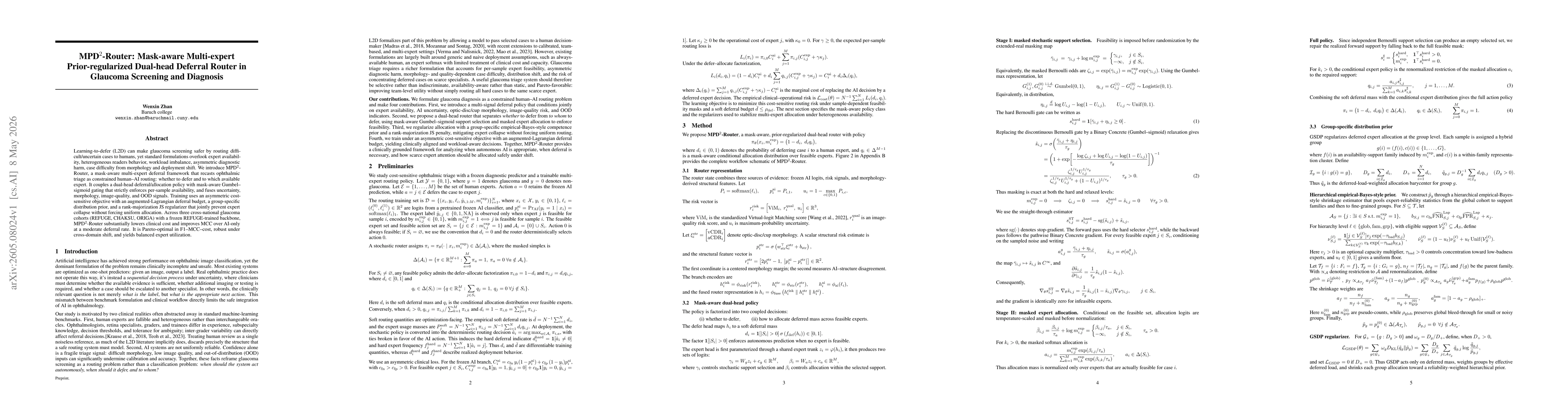 Thumbnail for MPD$^2$-Router: Mask-aware Multi-expert Prior-regularized Dual-head Deferral Router in Glaucoma Screening and Diagnosis
