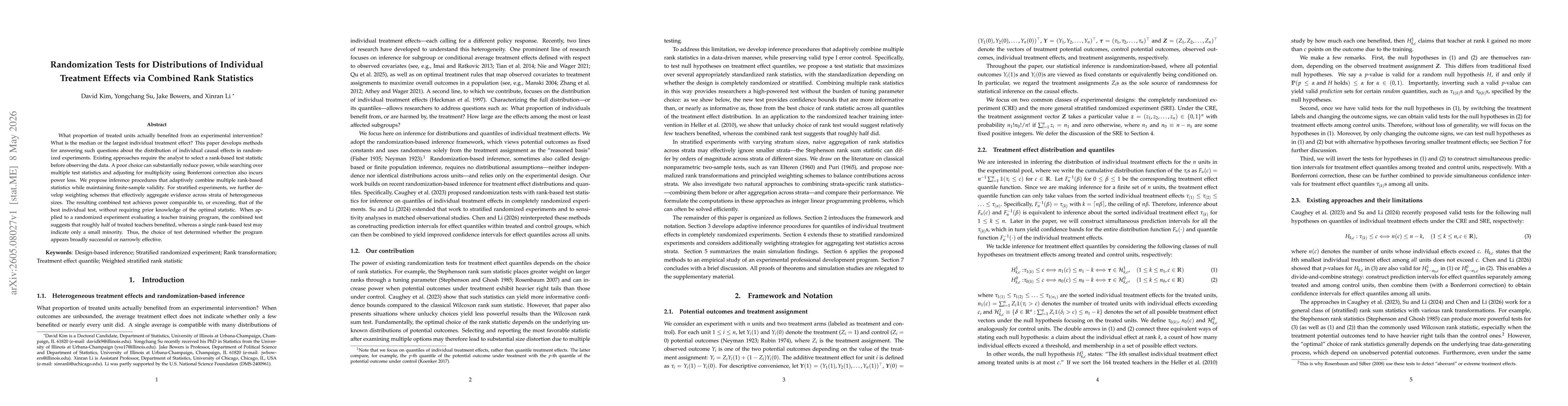 Thumbnail for Randomization Tests for Distributions of Individual Treatment Effects via Combined Rank Statistics