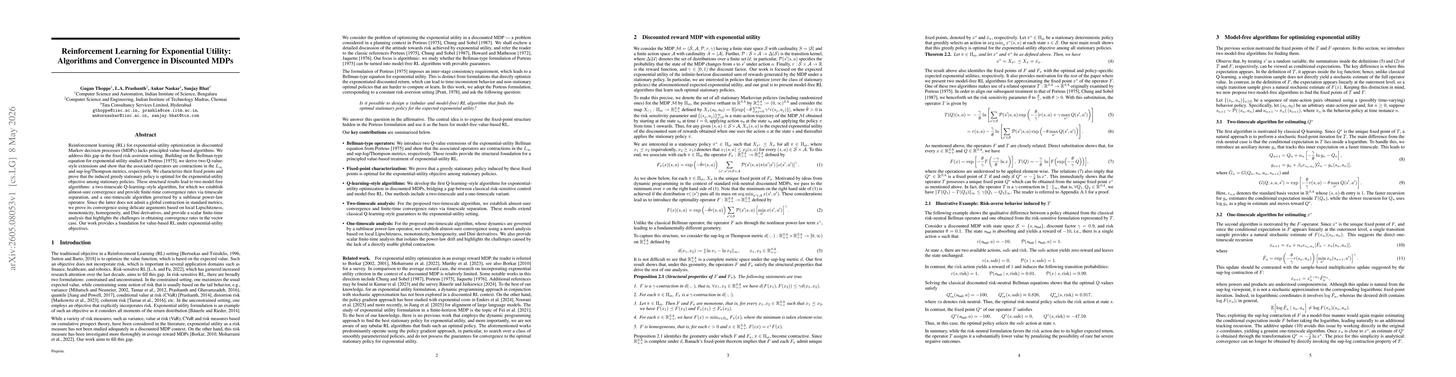 Thumbnail for Reinforcement Learning for Exponential Utility: Algorithms and Convergence in Discounted MDPs