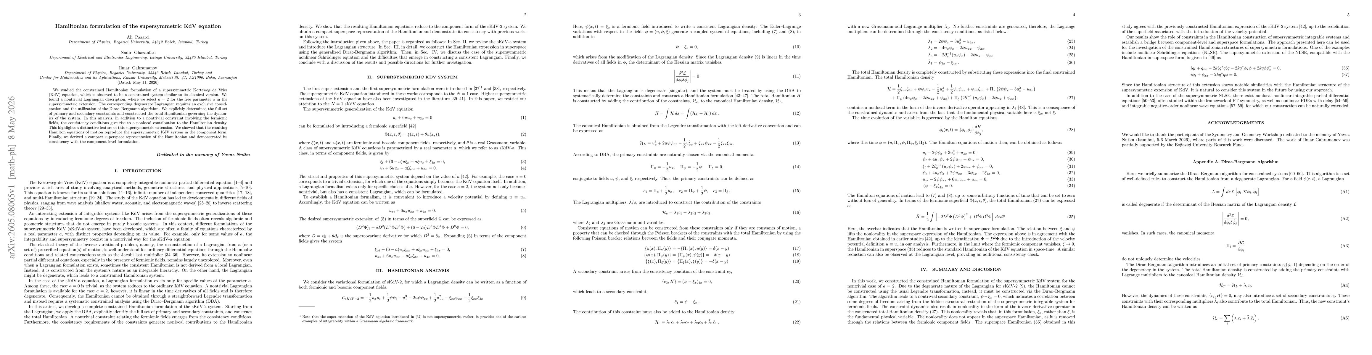 Thumbnail for Hamiltonian formulation of the supersymmetric KdV equation