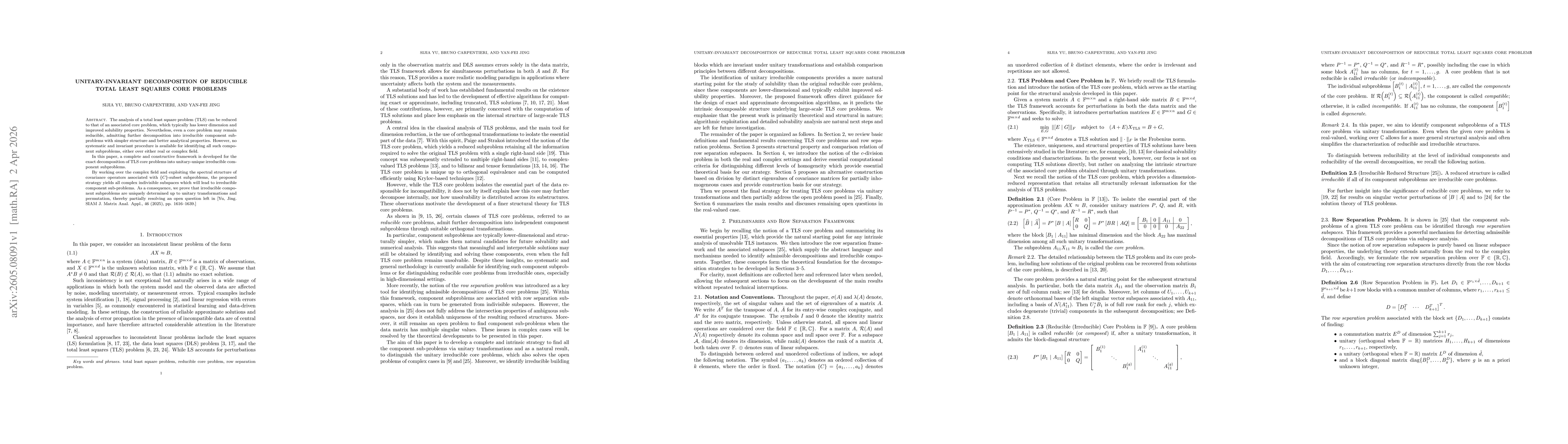Thumbnail for Unitary-Invariant Decomposition of Reducible Total Least Squares Core Problems