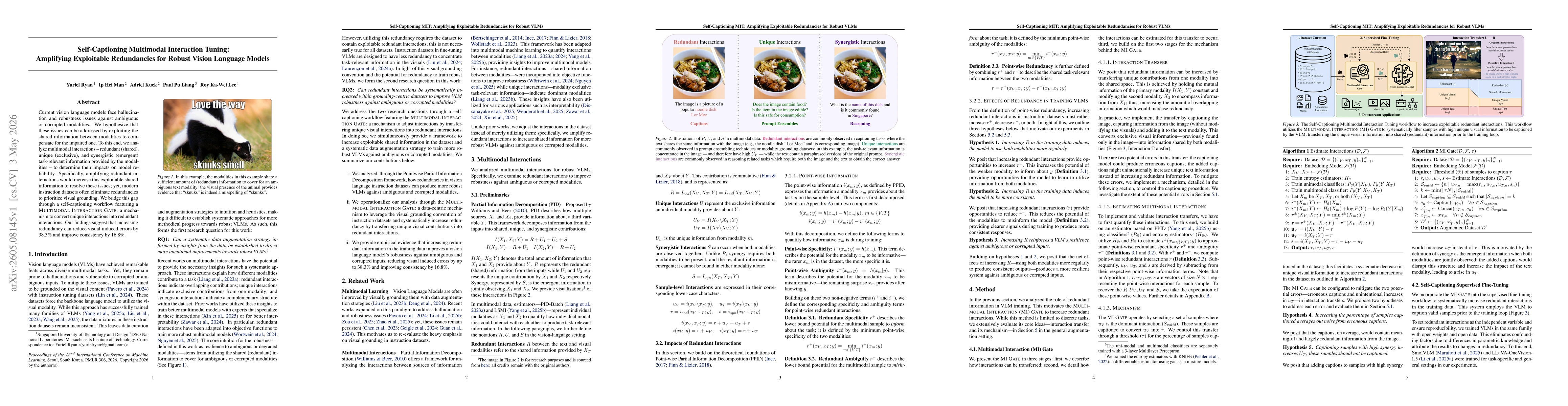 Thumbnail for Self-Captioning Multimodal Interaction Tuning: Amplifying Exploitable Redundancies for Robust Vision Language Models
