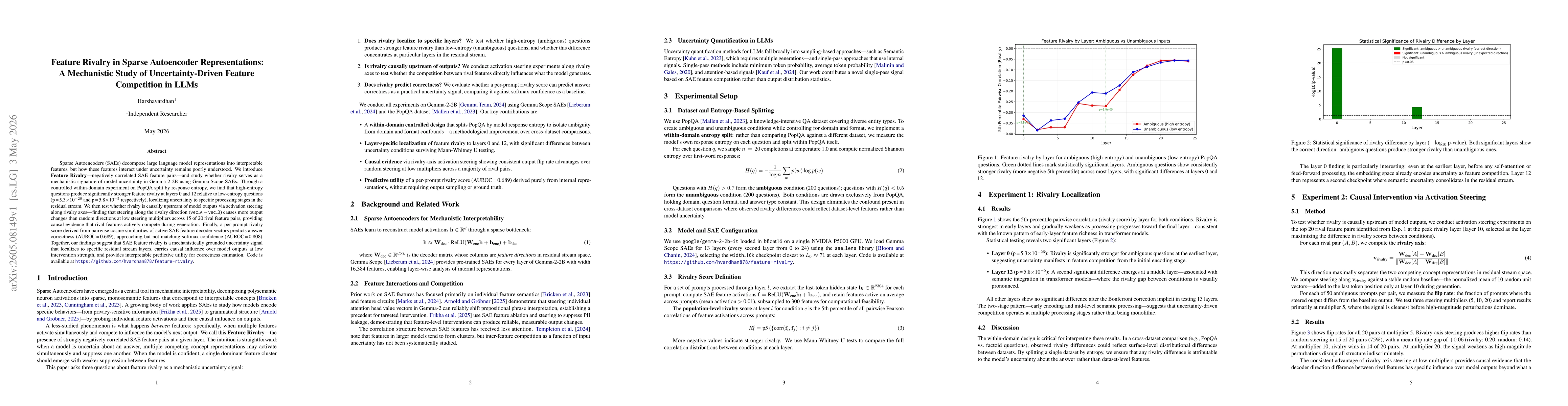 Thumbnail for Feature Rivalry in Sparse Autoencoder Representations: A Mechanistic Study of Uncertainty-Driven Feature Competition in LLMs