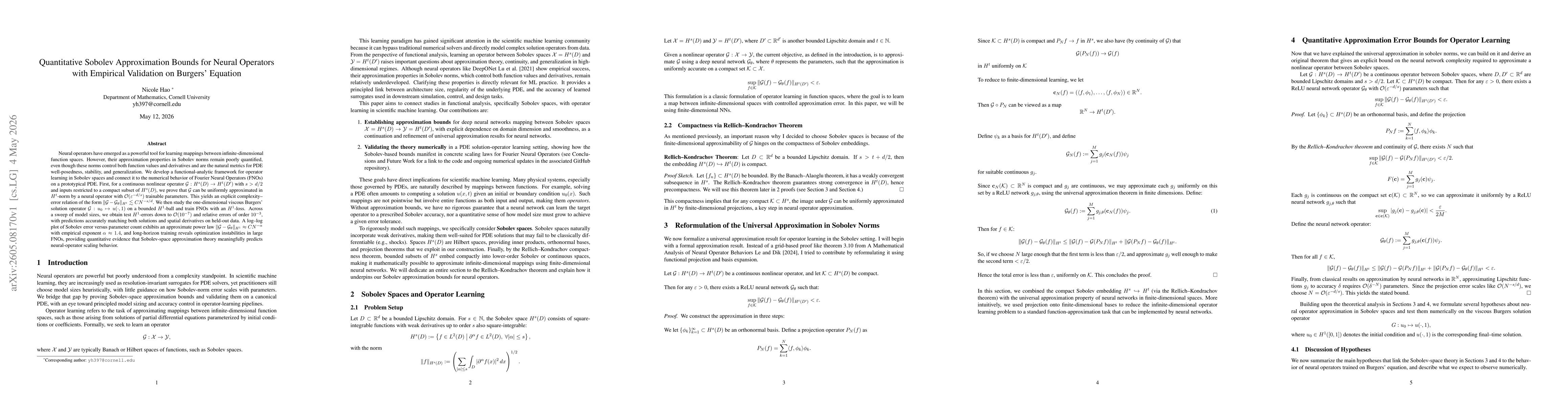 Thumbnail for Quantitative Sobolev Approximation Bounds for Neural Operators with Empirical Validation on Burgers Equation